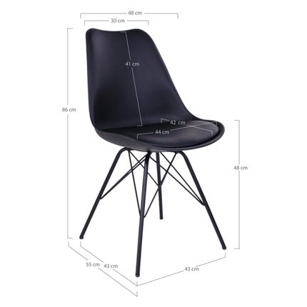 Oslo Eetkamerstoel - Set van 2 Eetkamerstoelen, PU-leer, zwart, zwarte poten