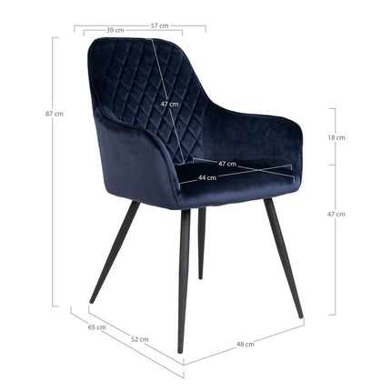 Harbo Dining Chair - Set van 2 eetkamerstoelen, fluweel, blauw, zwarte poten HN1205