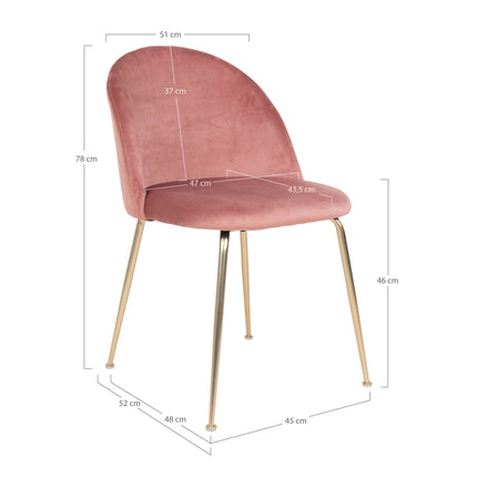 Geneve Eetkamerstoel - Set van 2 Eetkamerstoelen, fluweel, roze, poten in messinglook HN1214