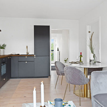 Geneve Eetkamerstoel - Set van 2 Eetkamerstoelen, fluweel, grijs, poten in messinglook HN1213
