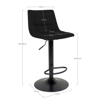 Middelfart barkruk - Set van 2 Barkrukken, fluweel, zwart, zwarte poten N1207