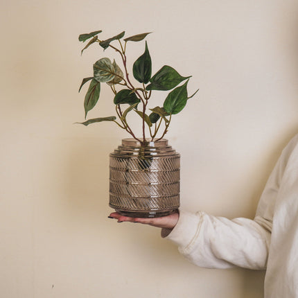 Vaas- Relief- Glas- Grijs- 16x16 cm