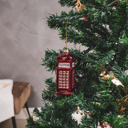 Kerstversiering - Kersthanger - Telefooncel - Glas - Rood - 4,5x4,5x12cm