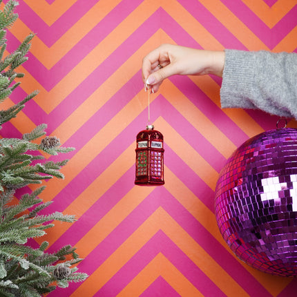 Kerstversiering - Kersthanger - Telefooncel - Glas - Rood - 4,5x4,5x12cm