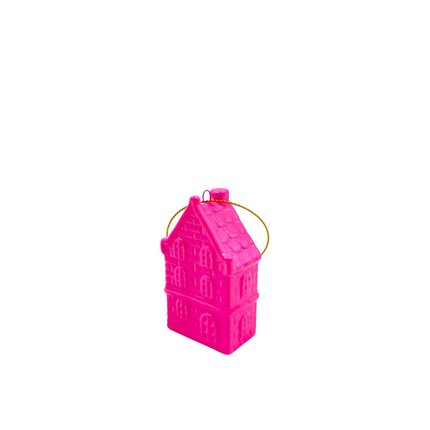 Kersthanger - Huis - Keramiek -  Neon Roze - 3,5x2x6,5cm