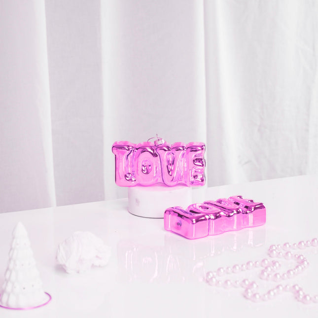 Kerstversiering - Kersthanger - LOVE - Glas - Roze - 14,5x3,5x7cm