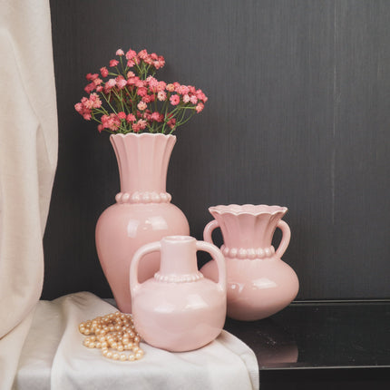 Vaas- Kruik Vaas met Parelhals- Dolomiet - Licht Roze- 12x12x24cm