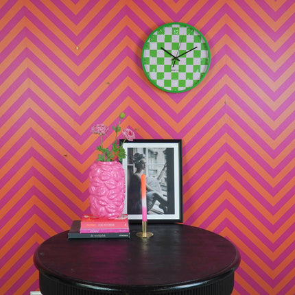 Klok - Wandklok - Geblokt Patroon - Groen/Roze - 34x4x34cm