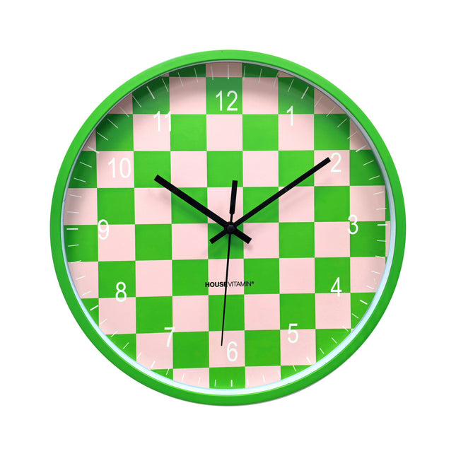 Klok - Wandklok - Geblokt Patroon - Groen/Roze - 34x4x34cm