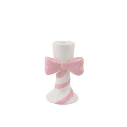 Kaarshouder - Kandelaar - Strik - Keramiek - Wit/Roze - 9x8x14cm