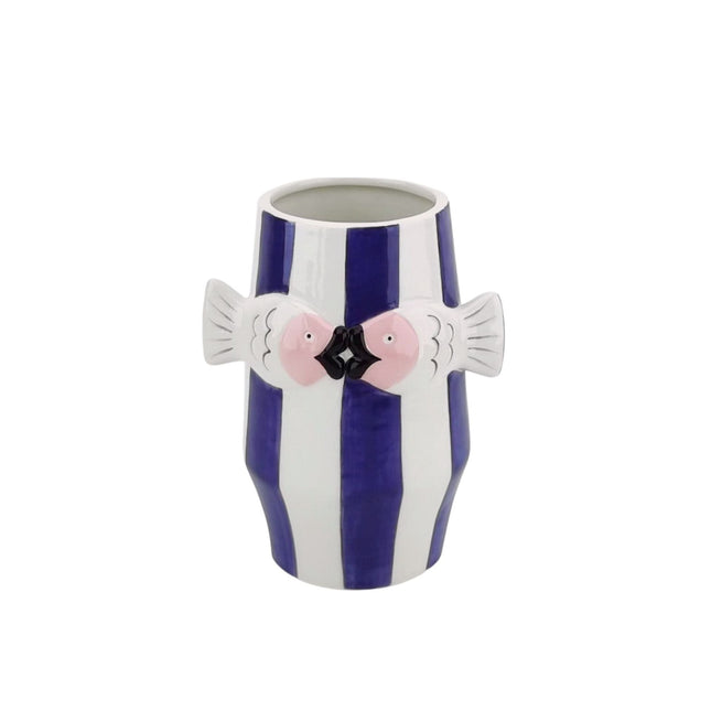 Vaas - Bloemenvaas Vissen- Dolomiet - Blauw/Wit/Roze - 14x11,5x18,5cm