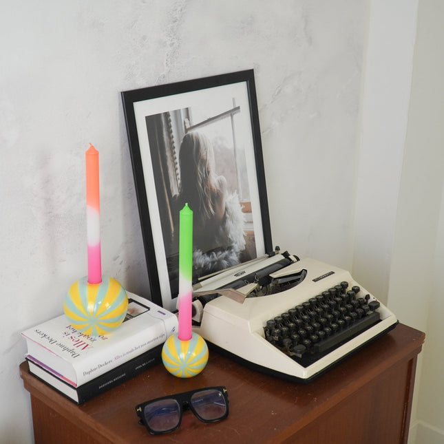 Kaarshouder - Kandelaar Swirl Dolomiet -  Geel/Mintgroen - 7x7x7cm