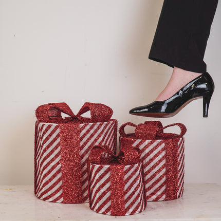 Kerst Led Lamp - Rond - Cadeau Set van 3 - Kunststof - Wit/Rood - 15cm/20cm/25cm