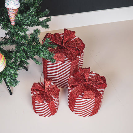 Kerst Led Lamp - Rond - Cadeau Set van 3 - Kunststof - Wit/Rood - 15cm/20cm/25cm