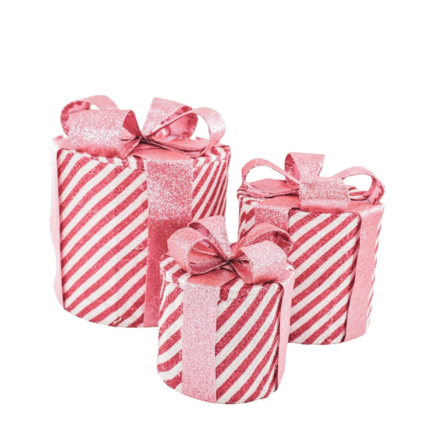 Kerst Led Lamp - Rond - Cadeau Set van 3 - Kunststof - Roze/Wit - 15cm/20cm/25cm