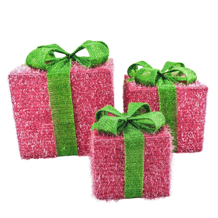 Kerst Led Lamp - Cadeau Set van 3 - Kunststof - Roze/Groen - 15cm/20cm/25cm