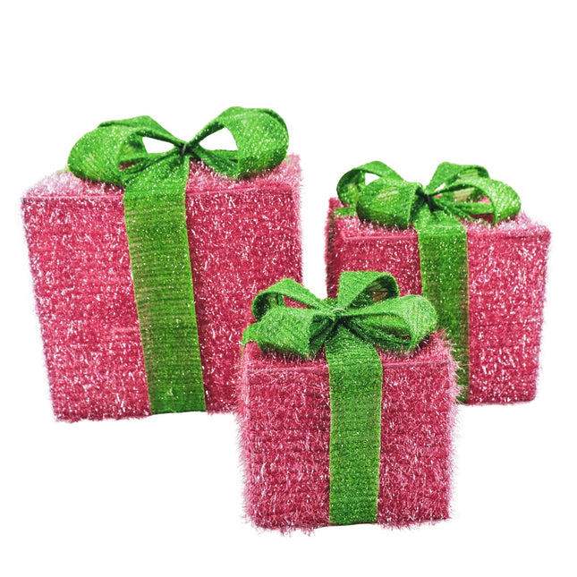 Kerst Led Lamp - Cadeau Set van 3 - Kunststof - Roze/Groen - 15cm/20cm/25cm