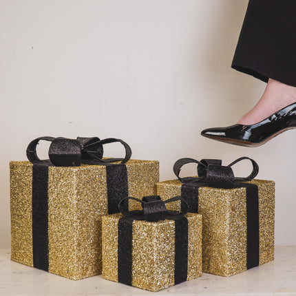 Kerst Led Lamp - Cadeau Set van 3 - Kunststof - Goud/Zwart - 15cm/20cm/25cm