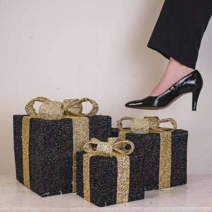 Kerst Led Lamp - Cadeau Set van 3 - Kunststof - Zwart/Goud- 15cm/20cm/25cm