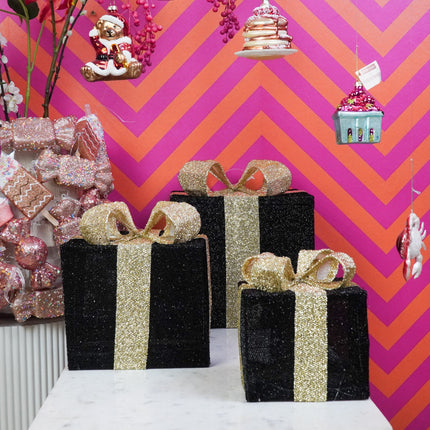 Kerst Led Lamp - Cadeau Set van 3 - Kunststof - Zwart/Goud- 15cm/20cm/25cm