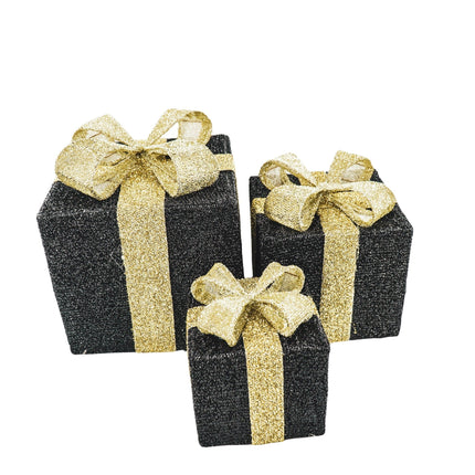 Kerst Led Lamp - Cadeau Set van 3 - Kunststof - Zwart/Goud- 15cm/20cm/25cm