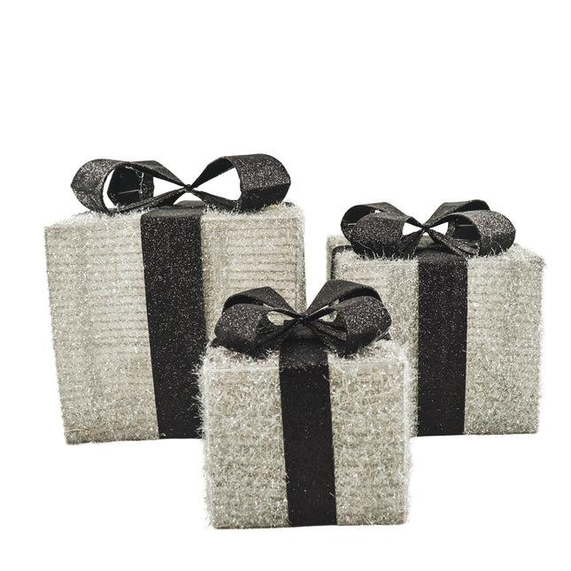 Kerst Led Lamp - Cadeau Set van 3 - Kunststof - Zilver/Zwart - 15cm/20cm/25cm