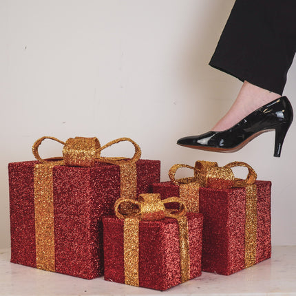 Kerst Led Lamp - Cadeau Set van 3 - Kunststof - Rood/Goud - 15cm/20cm/25cm