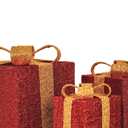 Kerst Led Lamp - Cadeau Set van 3 - Kunststof - Rood/Goud - 15cm/20cm/25cm