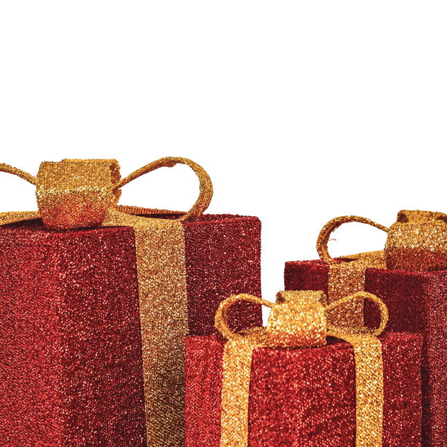 Kerst Led Lamp - Cadeau Set van 3 - Kunststof - Rood/Goud - 15cm/20cm/25cm