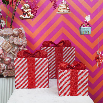 Kerst Led Lamp - Cadeau Set van 3 - Kunststof - Rood/Wit - 15cm/20cm/25cm