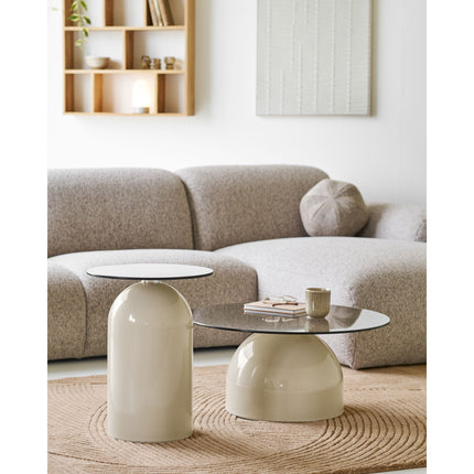 Ravello Salontafel - Salontafel, gehard glas/metaal, grijs/beige ø70x33 cm