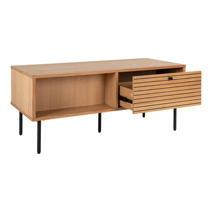 Kyoto Salontafel - Salontafel, 2 lades, eikenfineer, naturel, zwarte metalen poten 50x100x45 cm