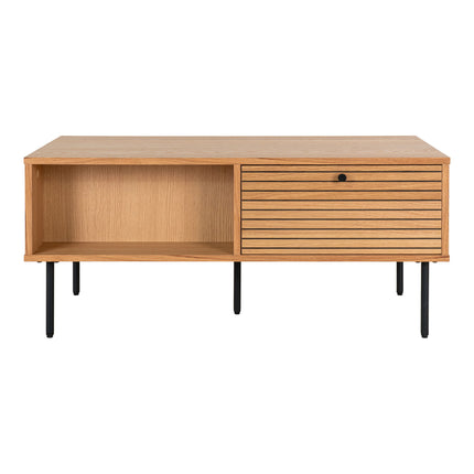 Kyoto Salontafel - Salontafel, 2 lades, eikenfineer, naturel, zwarte metalen poten 50x100x45 cm