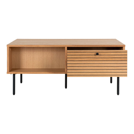 Kyoto Salontafel - Salontafel, 2 lades, eikenfineer, naturel, zwarte metalen poten 50x100x45 cm