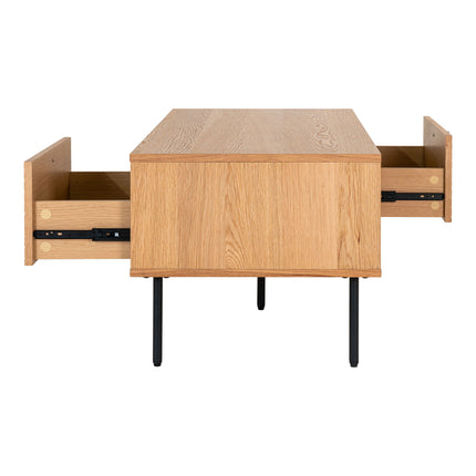 Kyoto Salontafel - Salontafel, 2 lades, eikenfineer, naturel, zwarte metalen poten 50x100x45 cm