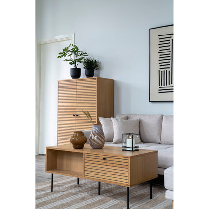 Kyoto Salontafel - Salontafel, 2 lades, eikenfineer, naturel, zwarte metalen poten 50x100x45 cm