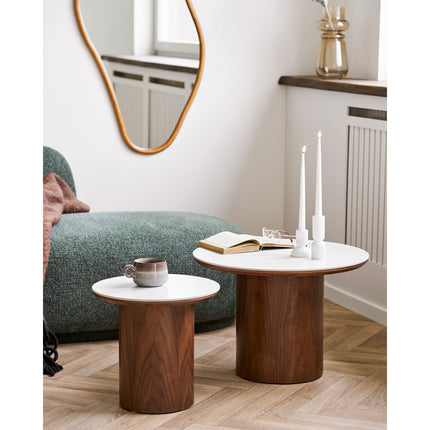Noli Side Table - Bijzettafel, keramisch tafelblad/essenfineer, wit/donkerbruin ø40x38 cm