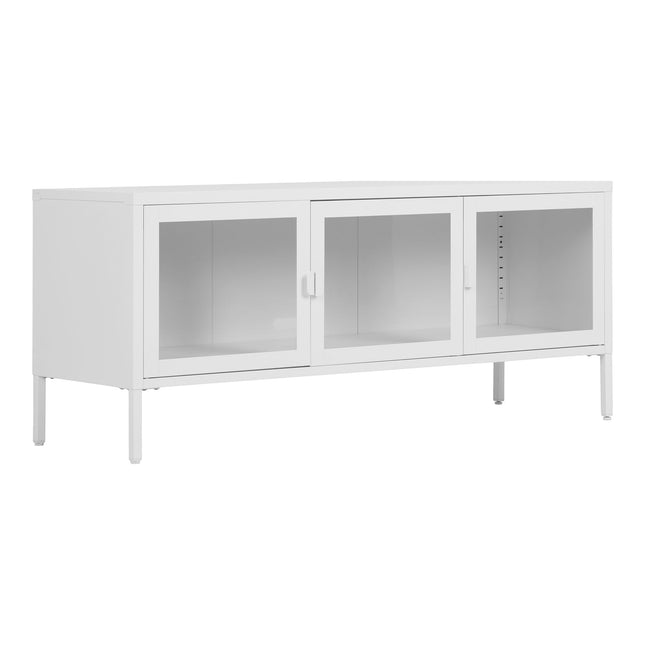 Brisbane TV-bench - TV-bench, 3 glazen deuren, staal, wit 130x40x55 cm