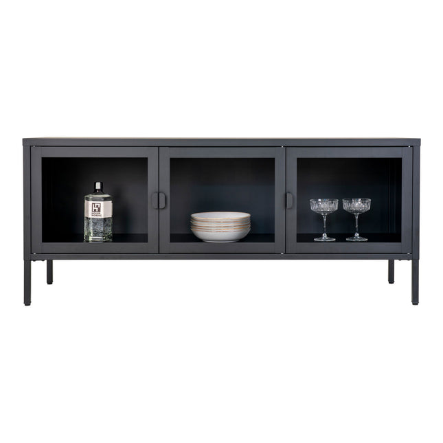 Brisbane tv-meubel - tv-meubel, 3 glazen deuren, staal, zwart 130x40x55 cm