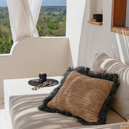 De Raffia Kussenhoes Vierkant - Naturel/Zwart - 60x60