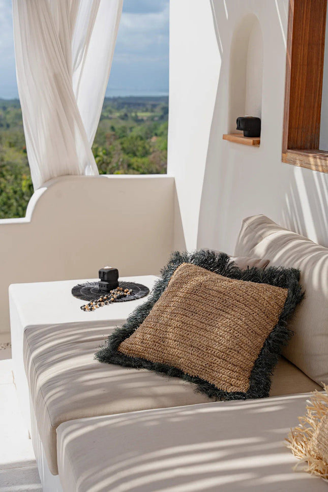 De Raffia Kussenhoes Vierkant - Naturel/Zwart - 60x60