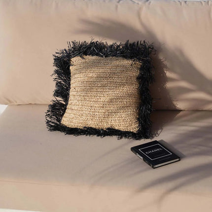 De raffia vierkante kussenhoes - naturel-zwart - 40x40