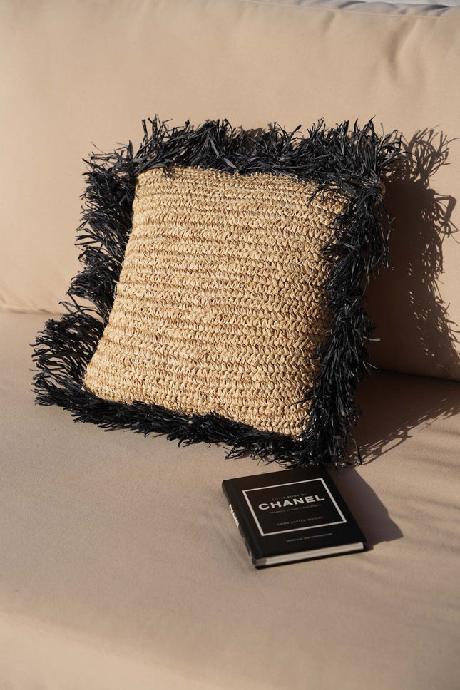 De raffia vierkante kussenhoes - naturel-zwart - 40x40