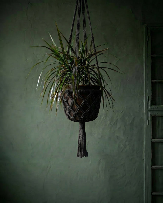 De macramé plantenhouder - zwart - L