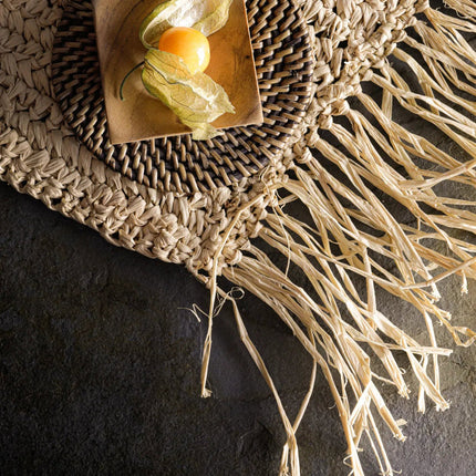 De raffia-placemat met franjes, rechthoekig - naturel