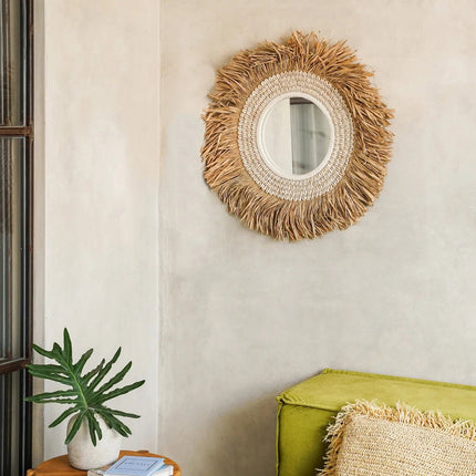 De raffia cowrie-spiegel - natuurwit