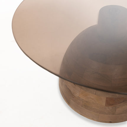Christian salontafel Ø78, H42, bruin walnotenhout, gerookt glas