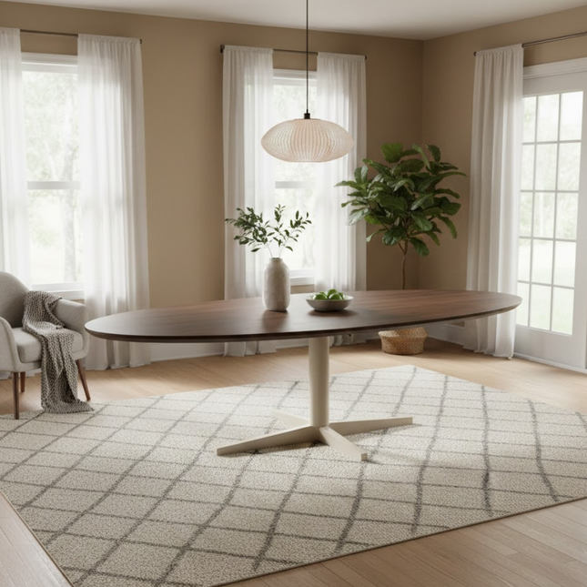 Eetkamertafel 160, ovaal, poot beige, mango bruin walnoot